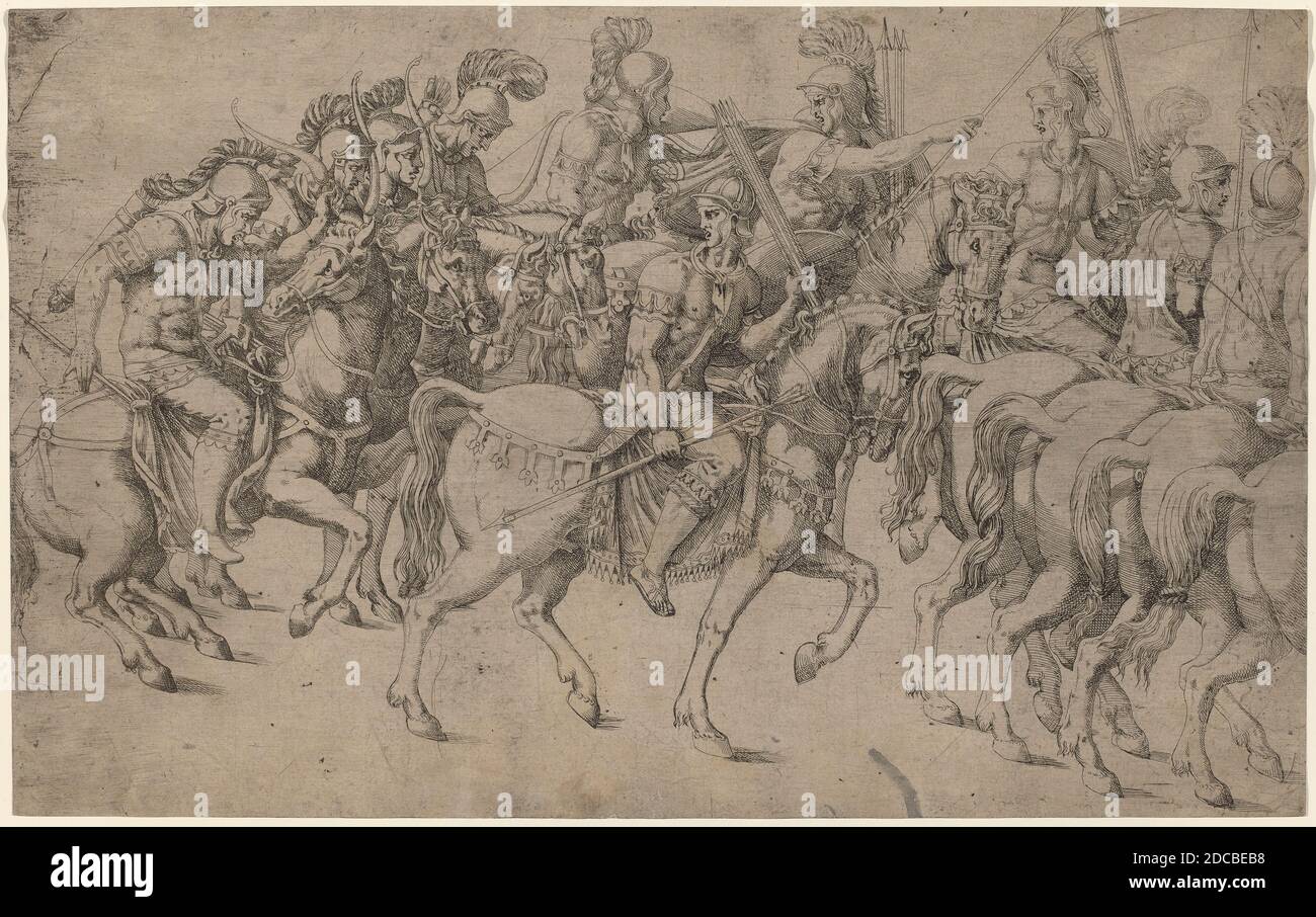 Antonio Fantuzzi, (artist), Italian, c. 1510 - 1550 or after, Giulio Romano, (artist after), Roman, 1499 - 1546, Riders Carrying Bows and Javelins, probably 1542, etching Stock Photo