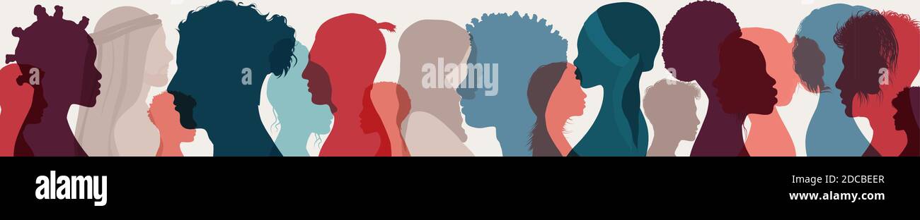Diversity multiethnic people. Group side silhouette men and women of different culture and different countries.Coexistence and multicultural community Stock Vector