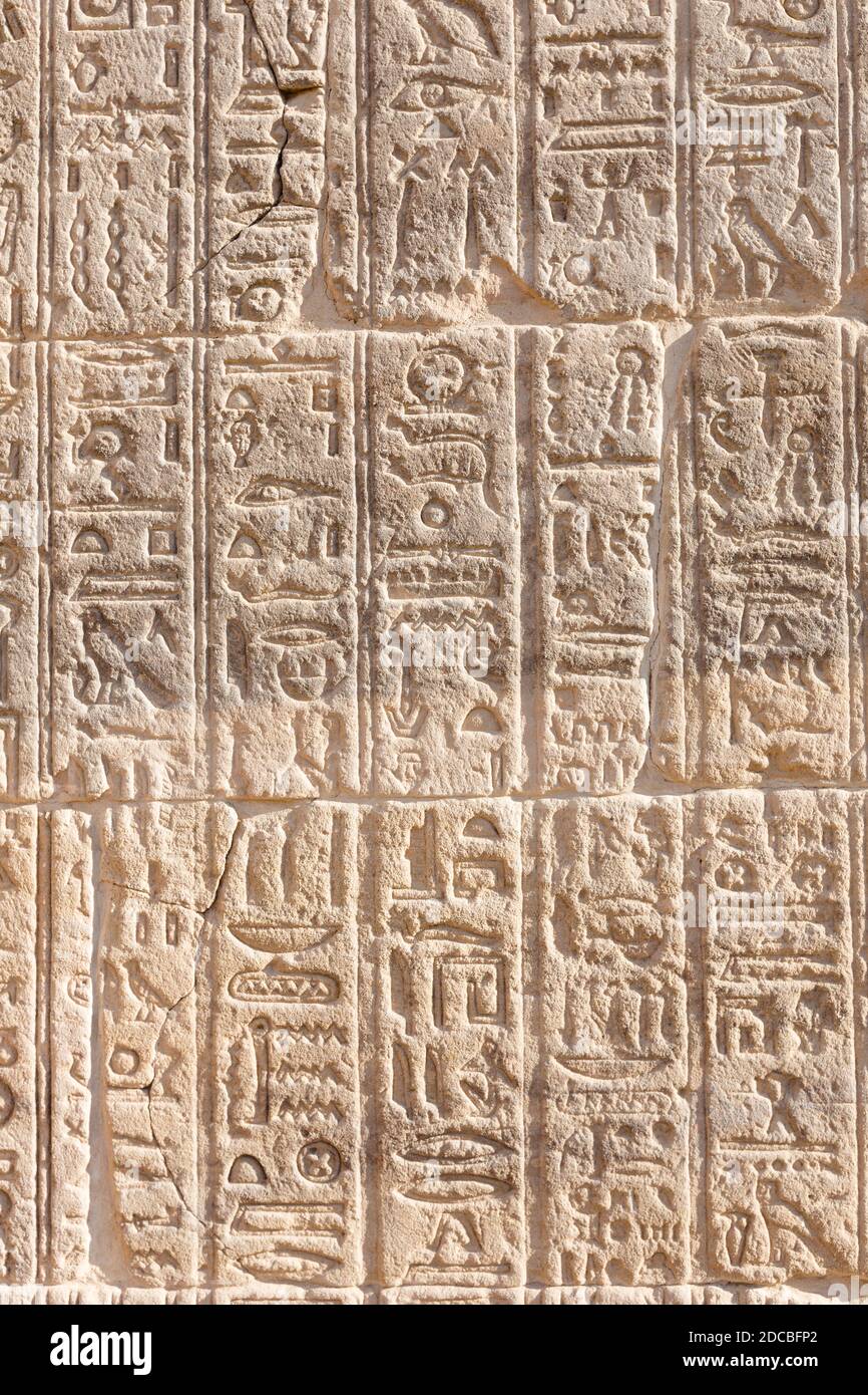 Hieroglyph carvings at Philae temple, Aswan, Egypt Stock Photo