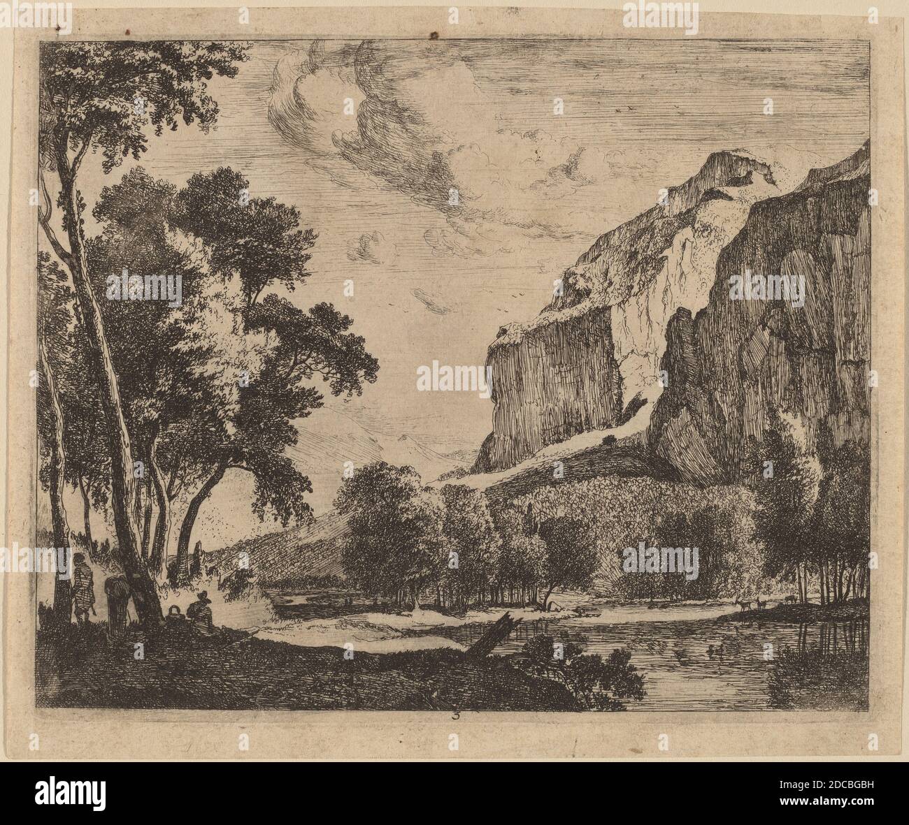 Melchior Küsel, (artist), German, 1626 - 1683, Roelant Roghman, (artist), Dutch, 1627 - 1692, Riverscape with Rocks on the Right: pl.3, Eight Tyrolian Landscapes, (series), etching Stock Photo