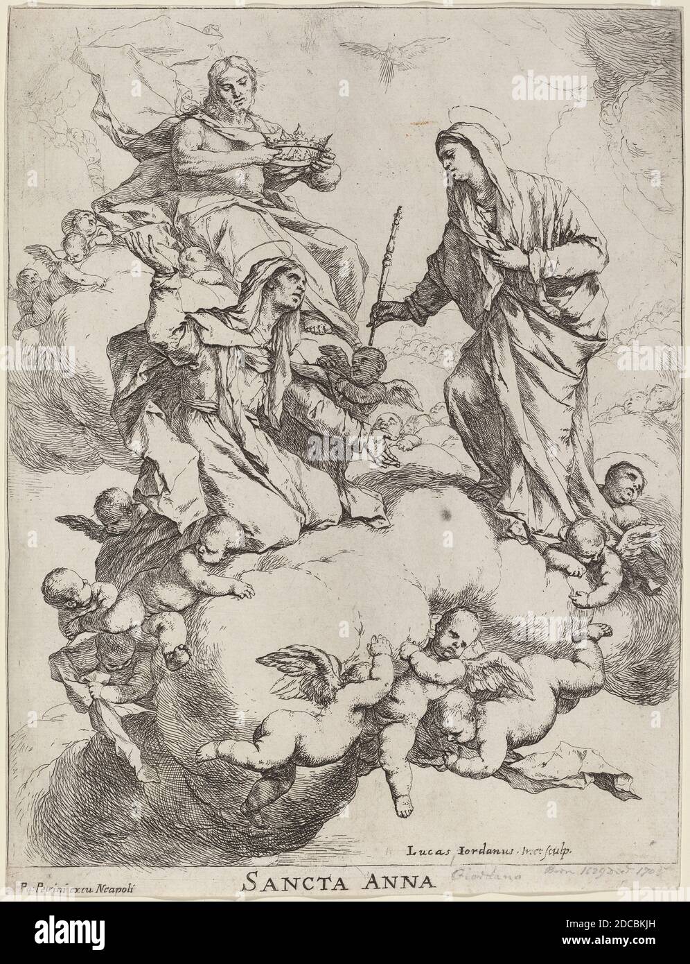 Luca Giordano, (artist), Neapolitan, 1634 - 1705, Saint Anne Received by the Virgin and Christ, etching Stock Photo