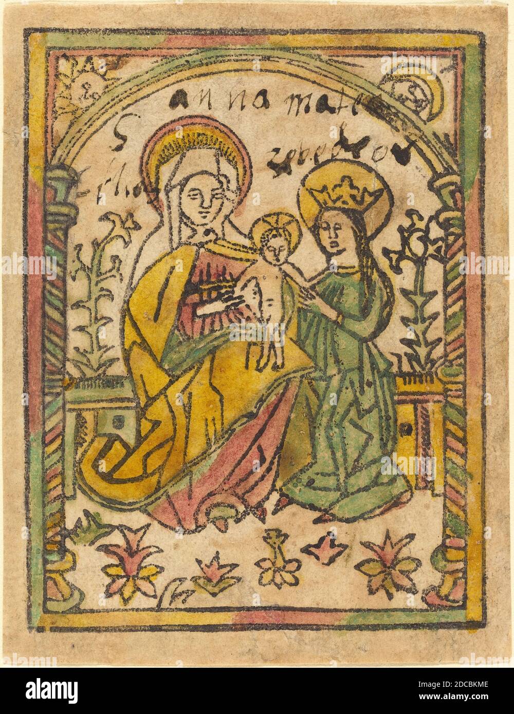German 15th Century, (artist), Saint Anne with the Madonna and Child, 1470/1500, woodcut, hand-colored in yellow, green, red Stock Photo