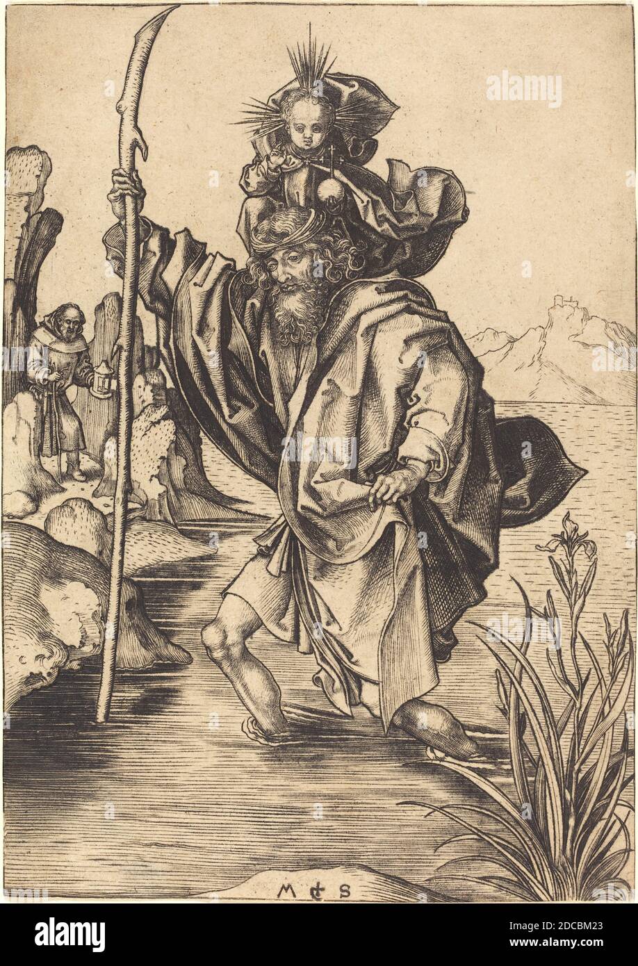 Martin Schongauer, (artist), German, c. 1450 - 1491, Saint Christopher, c. 1475/1480, engraving on laid paper, sheet (trimmed to plate mark): 15.9 x 11.3 cm (6 1/4 x 4 7/16 in Stock Photo