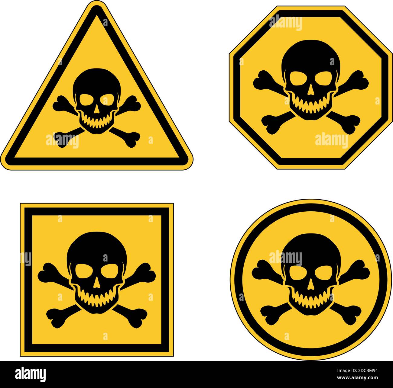 Different yellow warning or danger road sign with skull and crossbones vector illustration Stock Vector