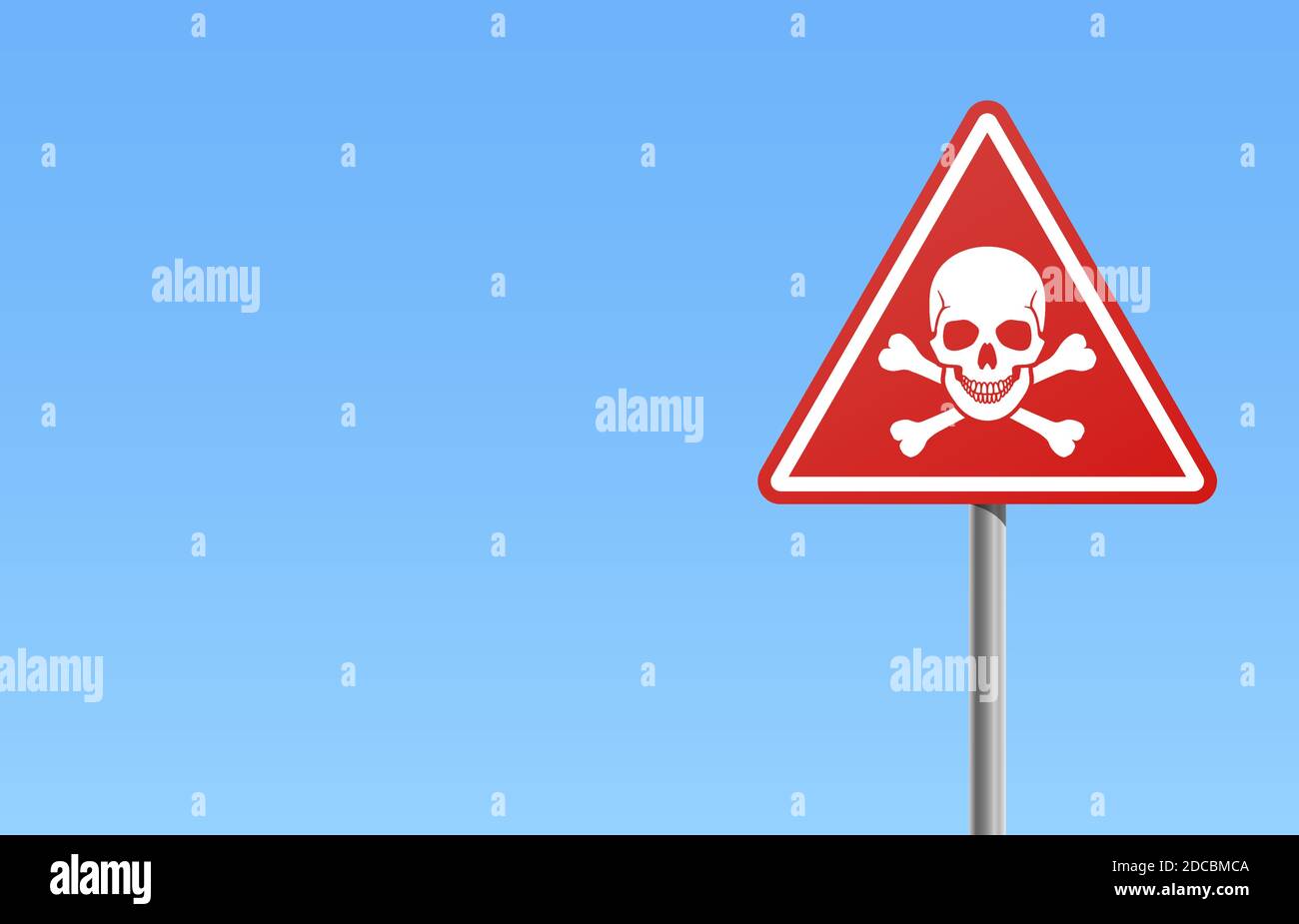 Red warning or danger road sign with skull and crossbones with white frame and blue sky background vector illustration Stock Vector