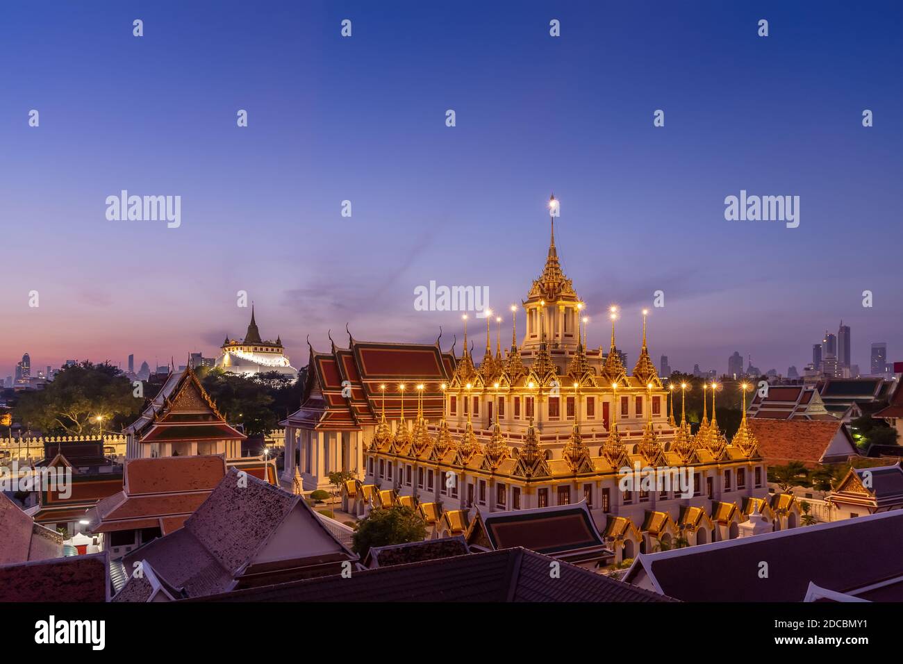 Loha Prasat or Iron Castle Monastery at Wat Ratchanatdaram temple, on Ratchadamnoen Avenue during morning, Bangkok, Thailand Stock Photo