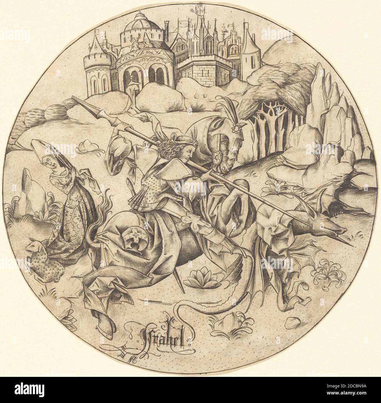 Israhel van Meckenem, (artist), German, c. 1445 - 1503, Saint George and the Dragon, c. 1465/1470, engraving on laid paper, overall (diameter): 17.1 cm (6 3/4 in Stock Photo