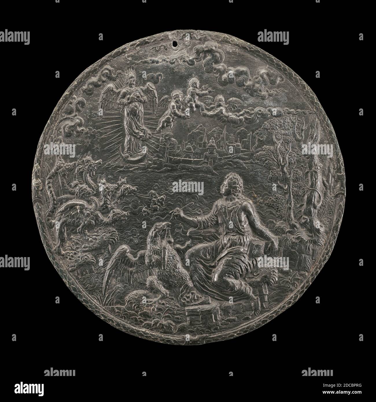 Master H.G., (artist), German, c. 1538 - 1603, Hans Jamnitzer II, (artist), German, c. 1538 - 1603, Saint John Composing 'Revelation' on Patmos, 1570s, lead, overall (diameter): 12.9 cm (5 1/16 in Stock Photo