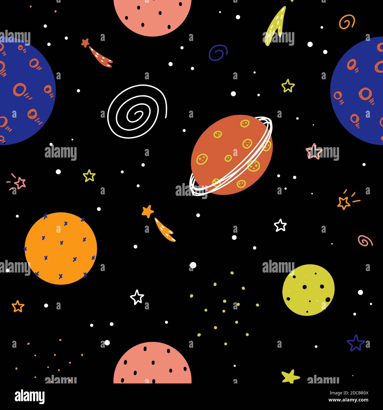 Cute nursery childish space seamless pattern with planets, stars, galaxies and abstract elements hand drawn in Scandinavian style vector illustration. Stock Vector