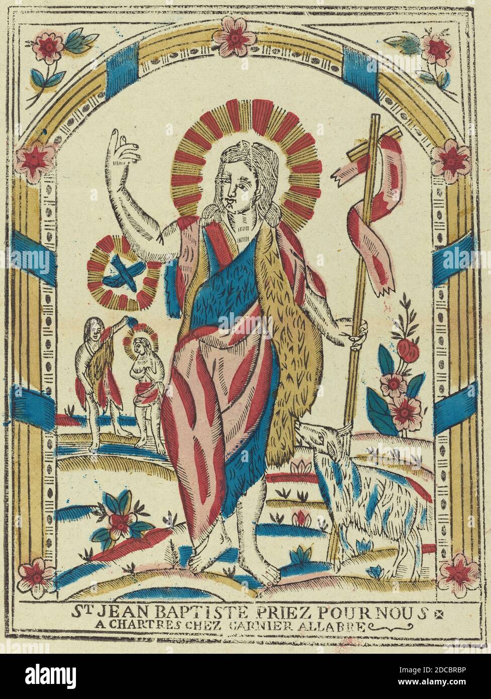 French 19th Century, (artist), Saint John the Baptist Pray for Us, c. 1820, hand-colored woodcut on blue laid paper Stock Photo