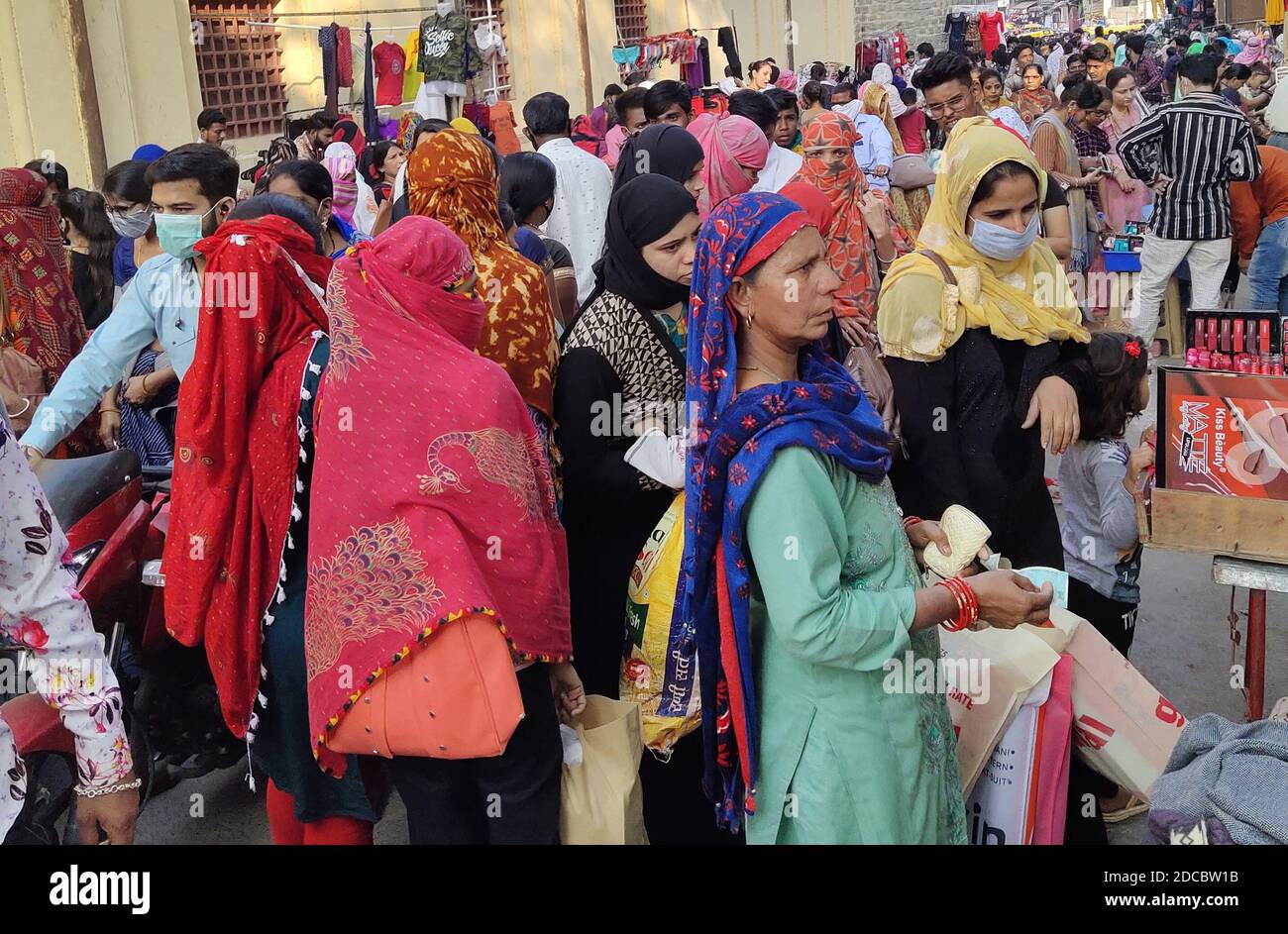 Indore, Madhya Pradesh, India, Nov. 20, 2020 Crowd in Rajwada Market