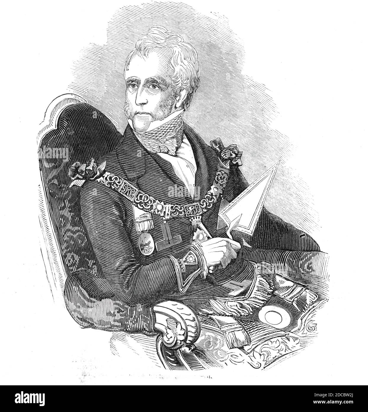 The Earl of Zetland, 1844. Portrait of Thomas Dundas, 2nd Earl of Zetland, Grand Master of the Freemasons of England, holding the silver trowel with which he laid the foundation stone of the Caledonian Girls' School in 1844. From &quot;Illustrated London News&quot;, 1844, Vol I. Stock Photo