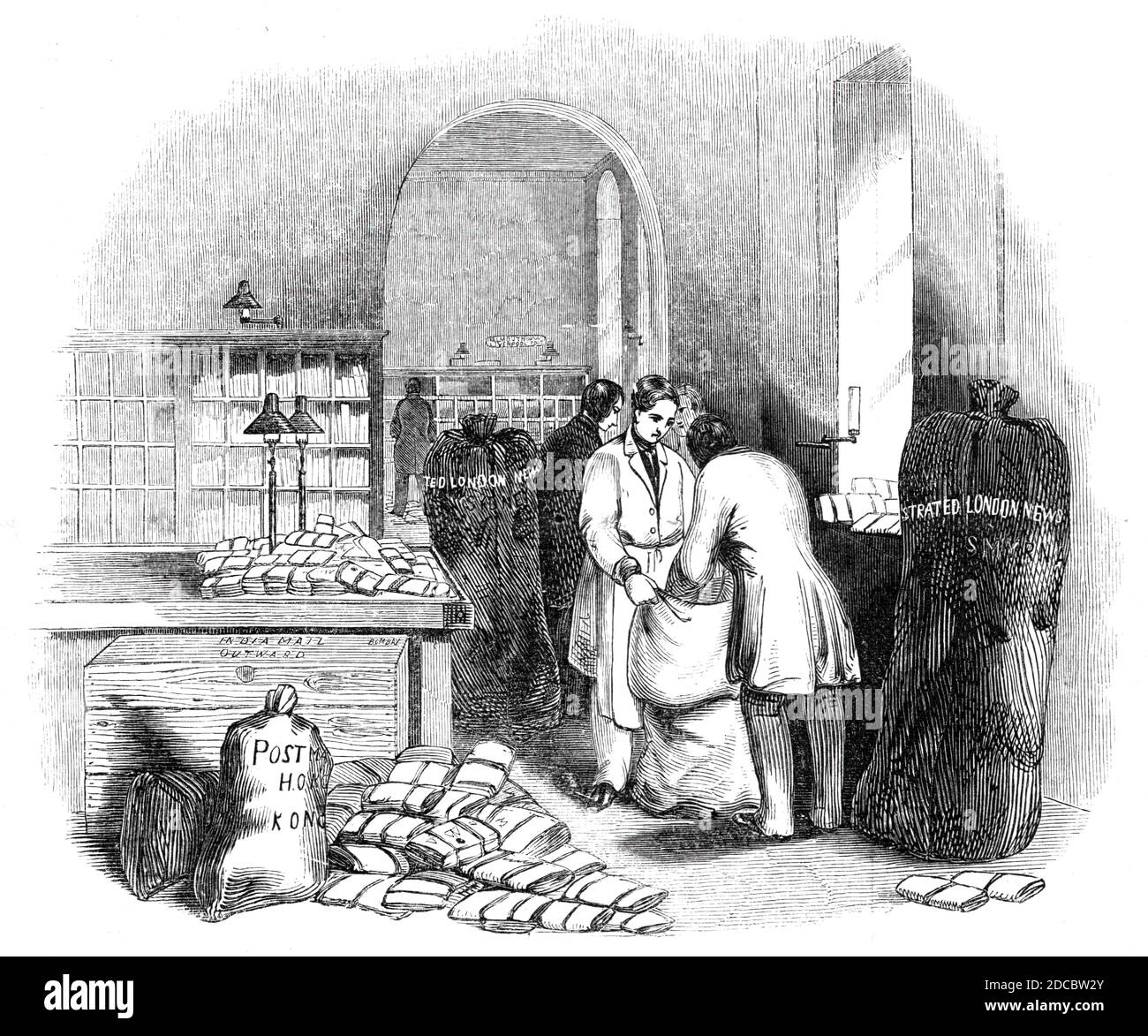 The General Post-Office; Packing the Indian Mail, 1844. Workers in the main post office at St Martin's Le Grand in London: 'the Foreign and Ship Letter Department, where all letters and papers for foreign and colonial ports are assorted, packed, and dispatched. The India and other mails are made up in this room. The papers are packed in large strong white leather sacks, about, as tall as a man, and of proportionate width, the name, as &quot;Smyrna&quot;, &quot;Sydney&quot;, &quot;Hong Kong&quot;, &quot;Demerara&quot;,&amp;c., painted upon them. Our engraving shows the interior of this office d Stock Photo