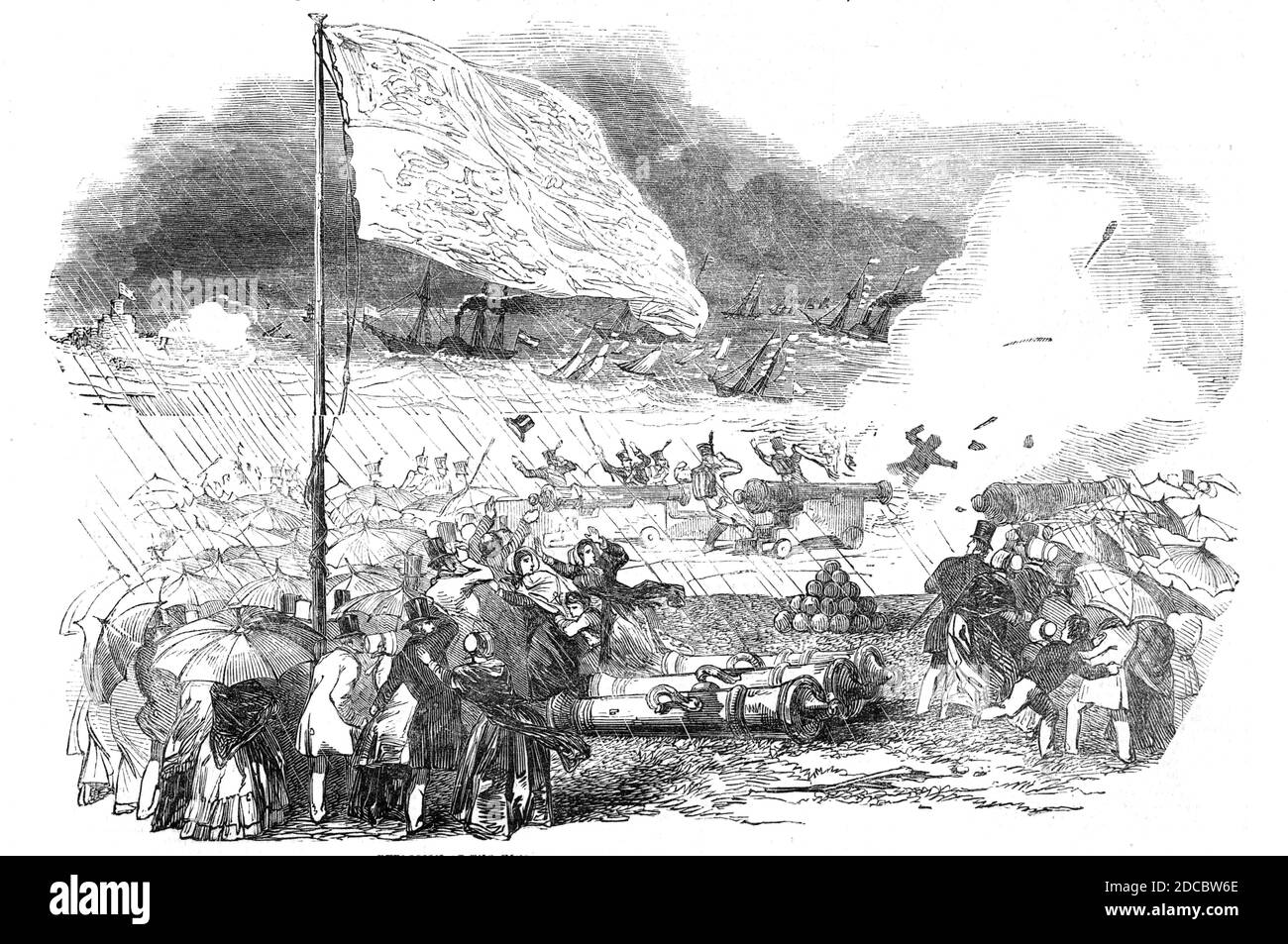 Explosion at the King's Bastion, Portsmouth, on Monday last, October 1844. A fatal accident...As the Artillerymen were re-loading one of the guns...the charge went off, and blew one of them to pieces and the other was so horribly mutilated that he died soon afterwards. The guns upon this bastion are 32-pounders...to fire a royal salute requires each gun to be loaded five times and one six. It is usual to use the worm to clear out the gun, every second charge, and it is supposed some fire had remained in the chamber....Miller was blown into fragments, and Walker had his thigh bioken, his arm bl Stock Photo