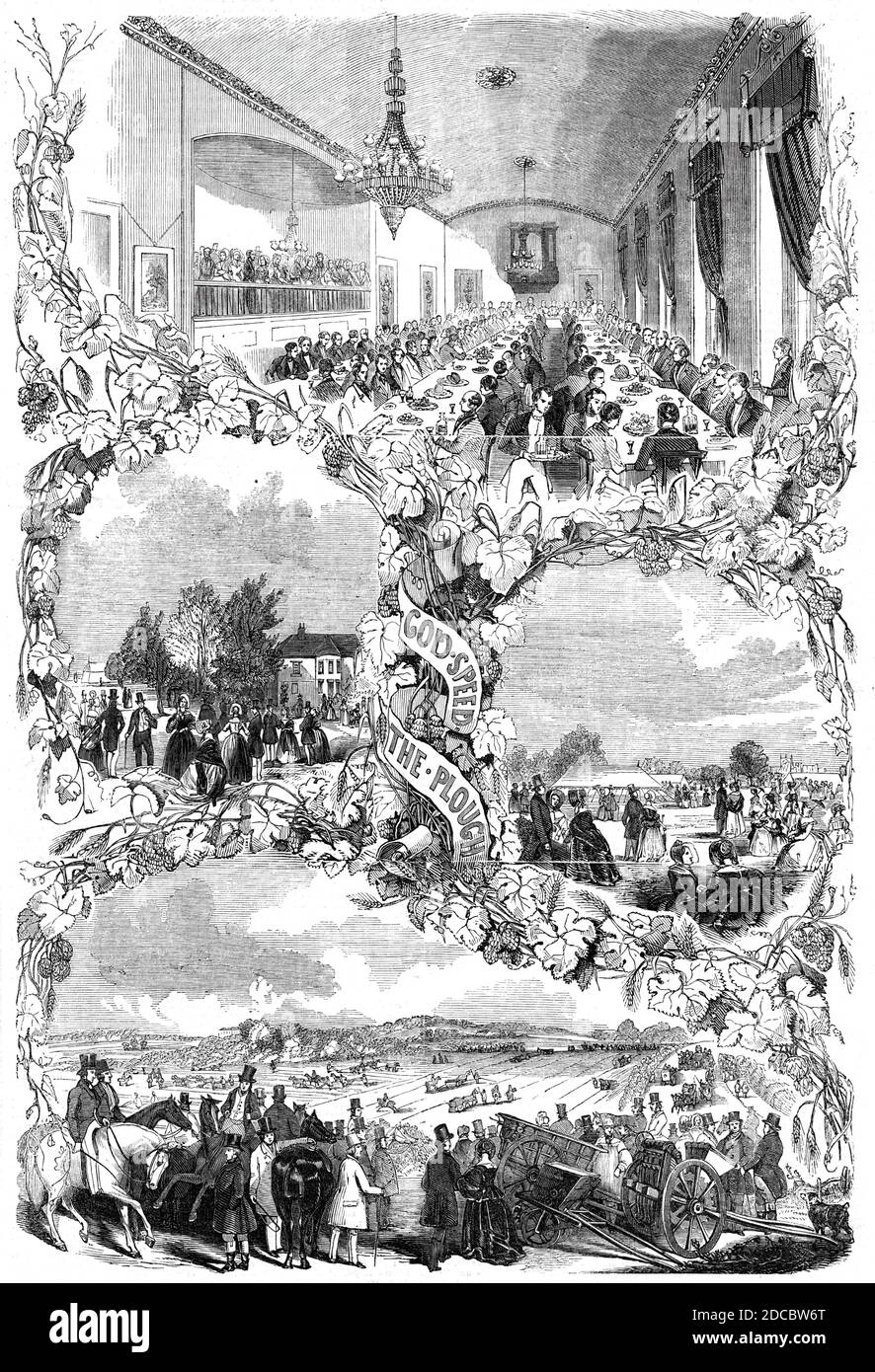 The Council Dinner at the Victoria Archery Rooms, the Trial of Implements at Swathling, 1844. Scenes during the annual show of the Royal Agricultural Society of England, at Southampton. From &quot;Pictorial Times&quot;, 1844. Stock Photo