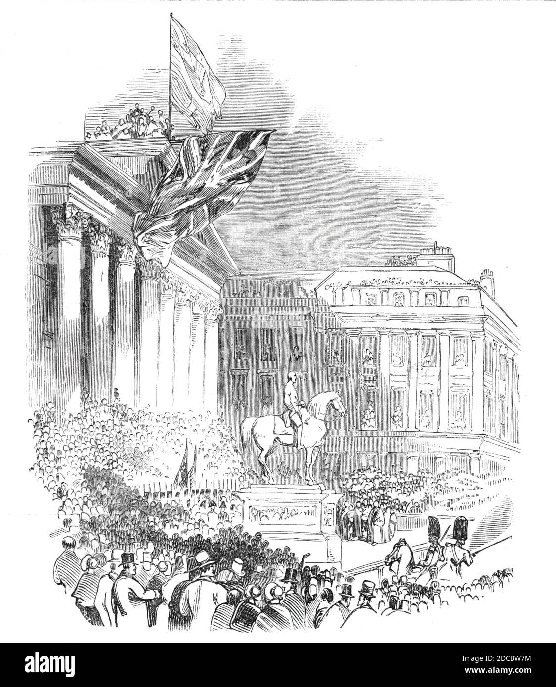 Inauguration of the Wellington Statue, Glasgow, 1844. Unveiling of an equestrian sculpture of British soldier and politician Arthur Wellesley, 1st Duke of Wellington, in front of the Royal Exchange. The sculptor was Carlo Marochetti. 'The scene was very imposing; for various banners flaunted in the vicinity, and every house-top and window from which a view could be obtained, was filled with anxious gazers...The opening was greeted by a round of enthusiastic cheering, and succeeded by ihe booming of the guns of the artillery, which had been placed in Bell&#x2019;s Park, and which signalised the Stock Photo