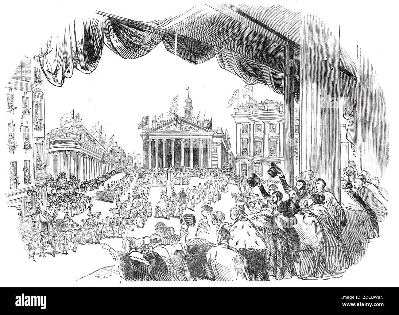 The Procession passing the Mansion House, 1844. Opening of the new Royal Exchange building in the City of London. The building was designed by Sir William Tite and was officially opened by Queen Victoria. From &quot;Illustrated London News&quot;, 1844, Vol I. Stock Photo
