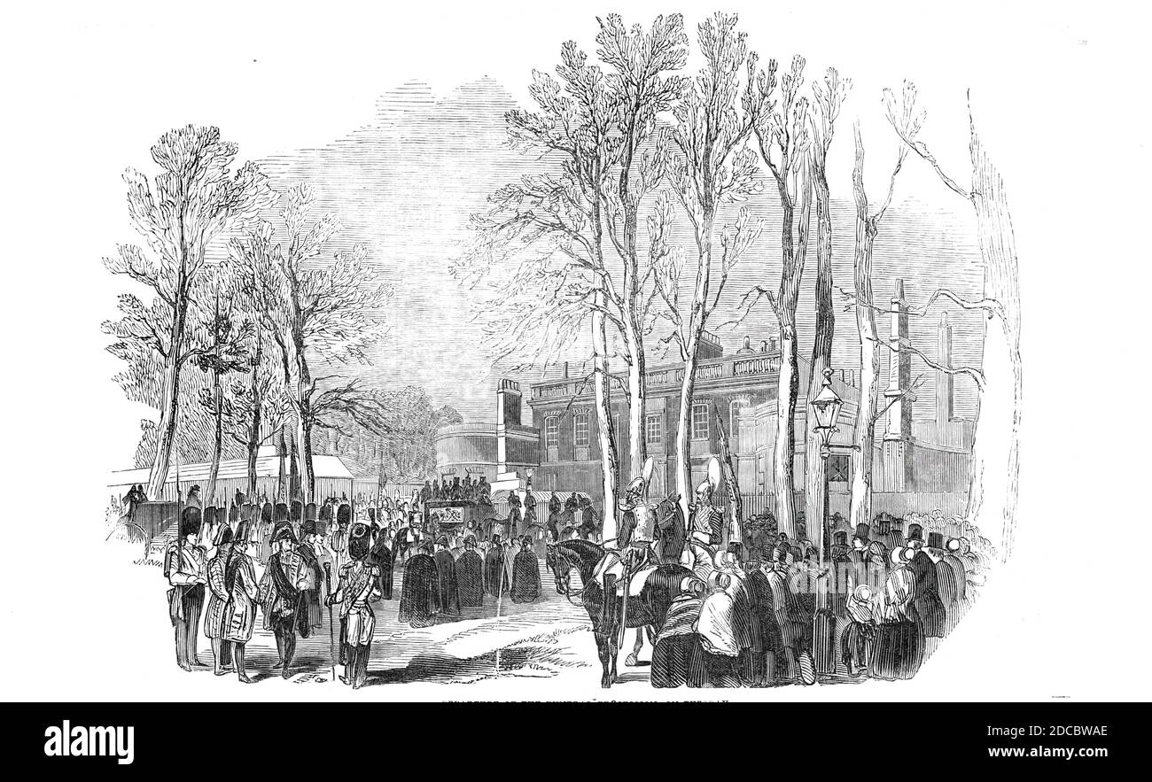 Departure of the funeral procession, on Tuesday, December 1844. Mourners outside Ranger's House in south London where the body of Princess Sophia of Gloucester, great-granddaughter of King George II lay in state. The coffin was then taken to St George's Chapel at Windsor Castle: 'The procession moved over Blackheath-hill, through Deptford, New-cross, Peckham, Camberwell, Camberwell New-road, Kennington-oval, over Vauxhall-bridge, up Grosvenor-place, through Hyde- park, and along the Edgeware-road to the Paddington terminus of the Great Western Railway, which was reached at five o'clock'. From Stock Photo