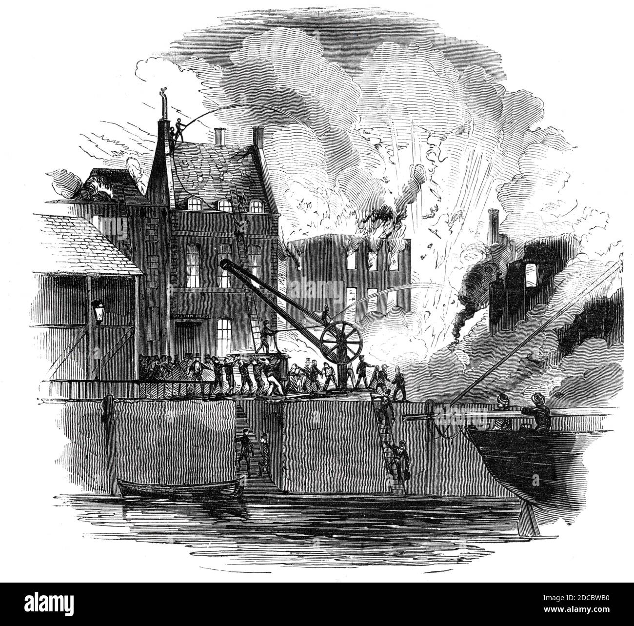 Fire at Boston - from a drawing by Mr. W. Caister, 1844. The Boston Herald: '...the town of Boston [Massachusetts] was visited by a most awful conflagration, which broke out in the oil and colour warehouse of Mr. T. Slator, ship chandler and general dealer, in South-street, which spread with great rapidity, and involved a mass of valuable property in ruin.&#xa0;The six town engines were speedily on the spot; the tide was high, and no deficiency of water therefore existed, but all the engines were destitute of suction-pipes, excepting one, which was not of length sufficient to reach the water.. Stock Photo