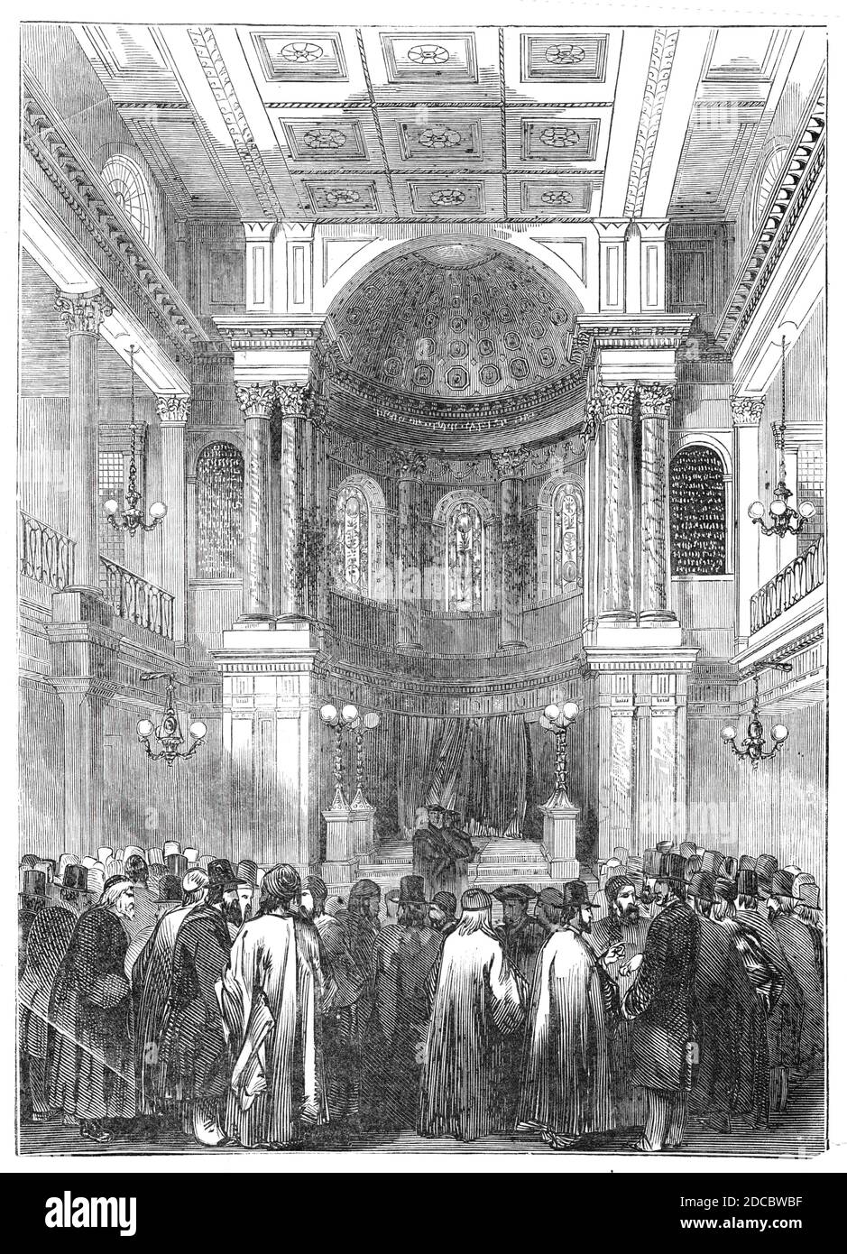 Election of Rabbi, at the Synagogue, Great St. Helen's, 1844. Scene at Bishopsgate Street, City of London, when the Reverend Doctor Nathan Marcus Adler was chosen as Orthodox Chief Rabbi of the British Empire. 'A multitude was present. A din of strange sounds saluted our ear...A strong eastern character was stamped on every countenance. Every man was recognised as a foreigner, and felt to be a Jew...every one spoke of Dr. Adler in terms of kindness. He was said to be a learned man, strongly given to philosophic inquiry, and more deeply affected with the spirituality of religious observances th Stock Photo