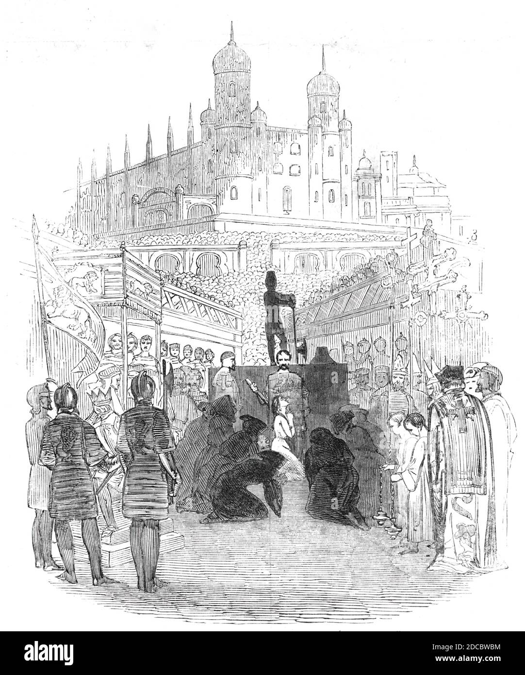 Scene from Balfe's opera &quot;The Daughter of St. Mark&quot;, 1844. Production at the Drury Lane Theatre in London. 'This extraordinary scene is, in the language of the libretto, a &quot;Public Place in Nicosia&quot;, the capital of Cyprus. In the centre is an elevated stage, or scaffold, hung with black cloth, upon which stands the headsman; and an avenue of soldiers extends from thence to the front of the stage. On either side are erected superb pavilions for the King, Court, Archbishop, and Clergy. In the square formed by the soldiery, Black and Grey Penitents are kneeling. Immediately ben Stock Photo