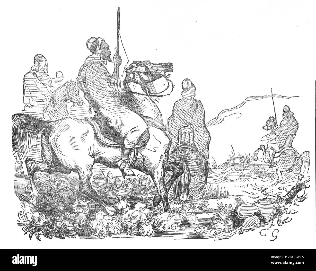 War in Morocco - Arab and Moorish cavalry, 1844. 'The Emperor of Morocco has not a part in his dominions that might not be taken by a frigate and two bomb-vessels in less than four hours. His army is a farce, and their mode of warfare perfectly childish...The ordnance is dangerously useless...the Emperor could at no time gather or hold together 100,000 fighting men, and these comprising a host of such ill-fed, ill-clothed, ill-armed ragamuffins...From their bigoted habit of excluding from their country all Europeans, and from the little experience they have gathered of European war tactics, it Stock Photo