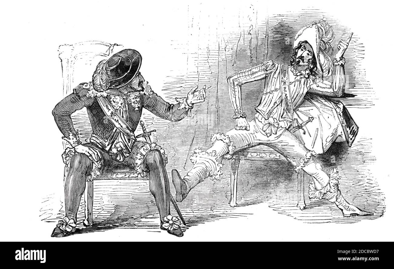 Scene from &quot;Don Caesar de Bazan&quot;, at the Princess' Theatre, 1844. A performance on the London stage of &quot;Don C&#xe9;sar de Bazan&quot;, an op&#xe9;ra comique by Jules Massenet: '...this very effective drama, first produced, in English, at the Princess' Theatre...The scene is in the third act, in which the licentious King is detected by Don Caesar...The performance never fails to be received with an enthusiastic burst of applause, which it well deserves; for it is one of the finestcoups de theatre we ever remember to have witnessed'. From &quot;Illustrated London News&quot;, 1844, Stock Photo