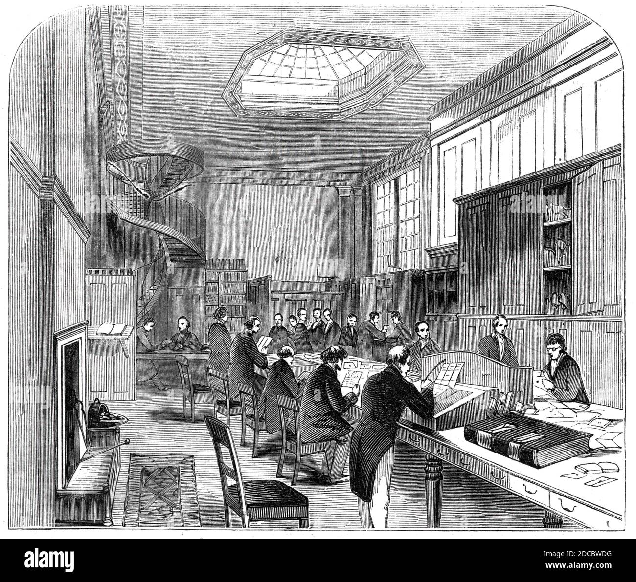 The Secret-Office, at the General Post Office, 1844. Workers at the main post office at St Martin's Le Grand in London. 'The sensation produced by the recent cases of letters being opened at the General Post-office, by the authority of the Secretary of State for the Home Department, has induced us to engrave, for the gratification of our readers,&#xa0;the identical apartment in which this extraordinary power is exercised'. From &quot;Illustrated London News&quot;, 1844, Vol I. Stock Photo