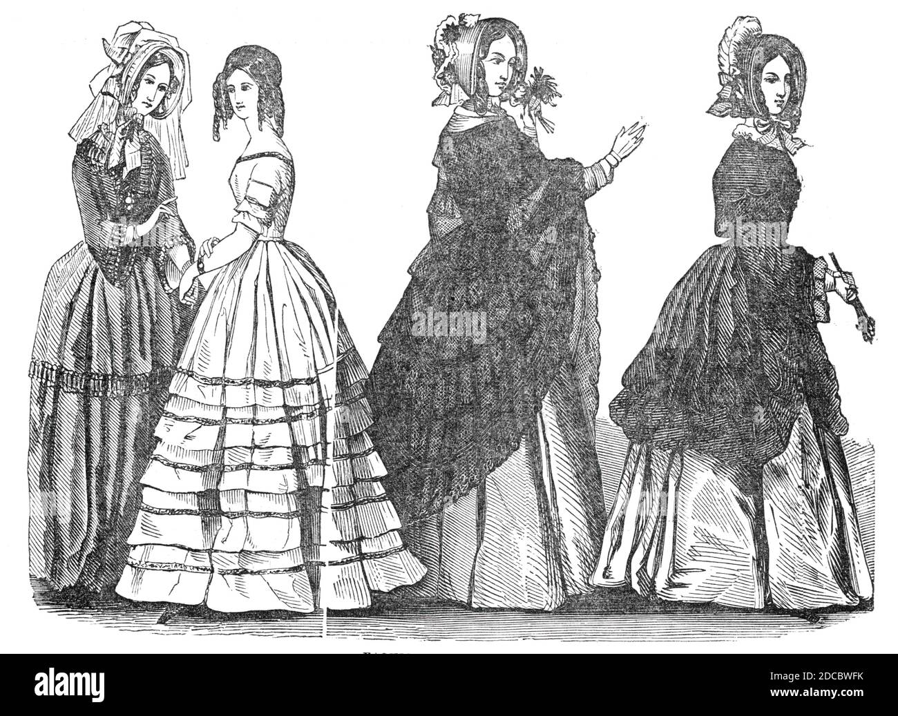 Fashions for July, 1844. 'No. 1. A Promenade Costume. A Crape Hat, with tulle veil; A Bar&#xe8;ge Dress, trimmed with quillings of the same material. No. 2. A Hair Coiffure; A Ball Dress of Tarlatane (transparent muslin), ornamented round the sleeves and skirts with tucks headed with brocaded India trimming; No. 3. A Crape Hat. A Cameleon (shot silk) Dress. A Lace Cloak; No. 4. A Satin Hat. A Satin Cloak trimmed with lace. A Cameleon Silk Dress'. From &quot;Illustrated London News&quot;, 1844, Vol I. Stock Photo