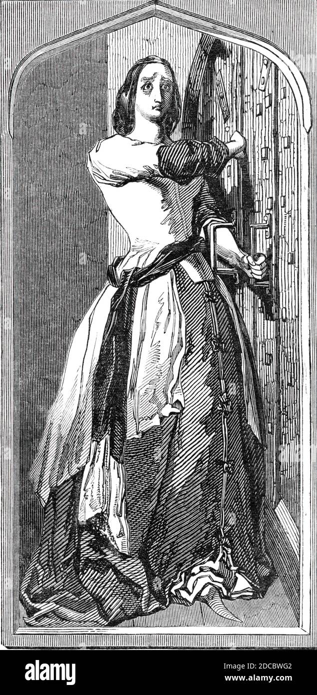 Loyalty: Catherine Douglas barring the door, at Scone, 1844. After a fresco by Richard Redgrave, exhibited at Westminster Hall in London: 'Catherine Douglas barring the door with her arm, to withstand the assassins of James I. of Scotland...Unattended even by a body guard, and confiding in the love of his subjects, James was residing within the walls of the Carthusian Monastery at Scone, which he had founded and endowed. Graham, of Strathearn, seized the occasion, and brought down a party by night to the neighbourhood. Seconded by traitors within, he gained possession of the gates and interior Stock Photo