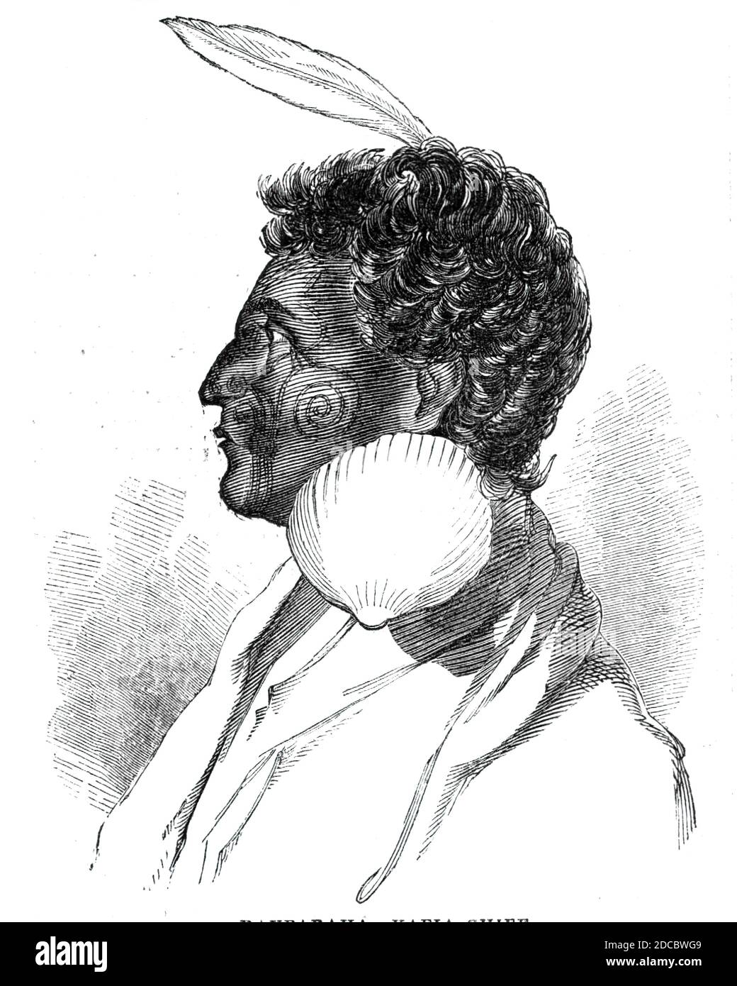 Rauparaha - Kafia Chief, 1844. Portrait of Te Rauparaha, Maori leader of the Ngati Toa tribe, after a drawing Mr. J. Greaves. He 'took the most prominent part in the late Massacre at Wairau...his eyes are very bright, and are expressive of great cunning'. He '...resisted all attempts of the settlers to occupy the land professed to have been purchased of the natives by the New Zealand Company...The natives resemble spoiled children...the impunity extended to all their criminal acts, have encouraged them in the belief that the Government is either unwilling or unable to control them, and has led Stock Photo