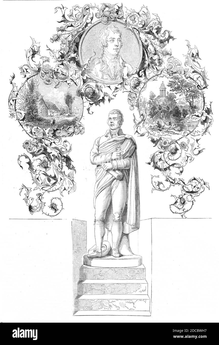 Statue of Burns, by Flaxman, 1844. After a sculpture of Scottish poet Robert Burns, by John Flaxman. From &quot;Illustrated London News&quot;, 1844, Vol I. Stock Photo