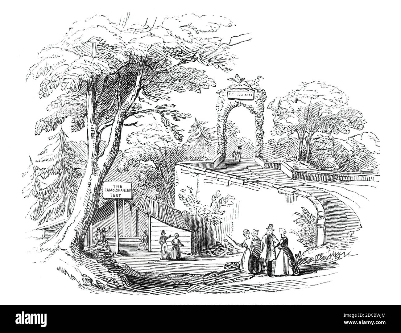 Arch on the new Brig of Doon, 1844. Floral arch on the bridge over the River Doon, part of the festival celebrating Scottish poet Robert Burns. From &quot;Illustrated London News&quot;, 1844, Vol I. Stock Photo
