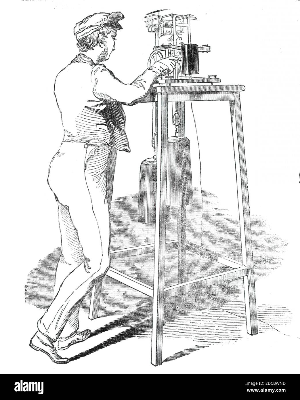 Copper station, Nine Elms, Telegraph, 1844. 'Such is its velocity, that when this [Electric Printing Telegraph] shall be laid down the entire line, the time occupied in the transit of a message, from Nine Elms to Portsmouth, and receiving the answer in town, will not exceed two minutes and a quarter...Two instruments, precisely similar, are placed, one at Wimbledon, the other at Nine Elms; the only connexion between them being a single copper wire, conveyed in a thin layer of asphalte. Beneath or near the machine, at Nine Elms, imbedded in the earth, and attached to the apparatus by a copper w Stock Photo