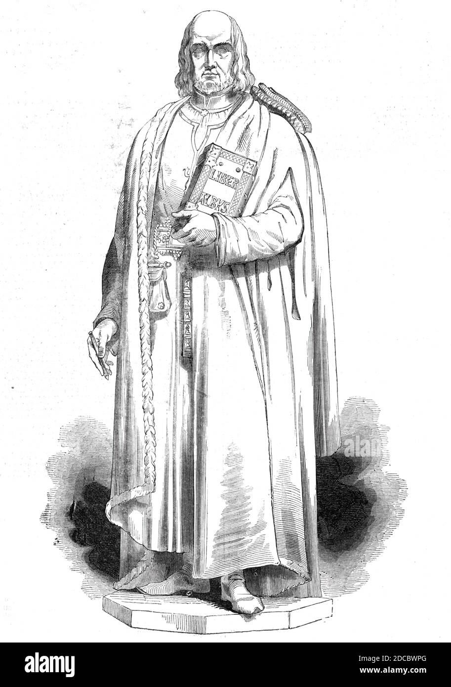 Statue of John Carpenter, at the City of London School, 1844. Sculpture of John Carpenter (c1372-1442), founder of the City of London School for boys, by Samuel Nixon. 'The statue was suspended immediately over the pedestal on which it was to stand, and the Lord Mayor, at the request of Mr. Nixon, the sculptor, prepared the pedestal for its reception by spreading some mortar on the top of it. The statue was then lowered and adjusted into its proper position, and the tackling and covering were removed, so as to expose it to the full observation of the company assembled'. From &quot;Illustrated Stock Photo