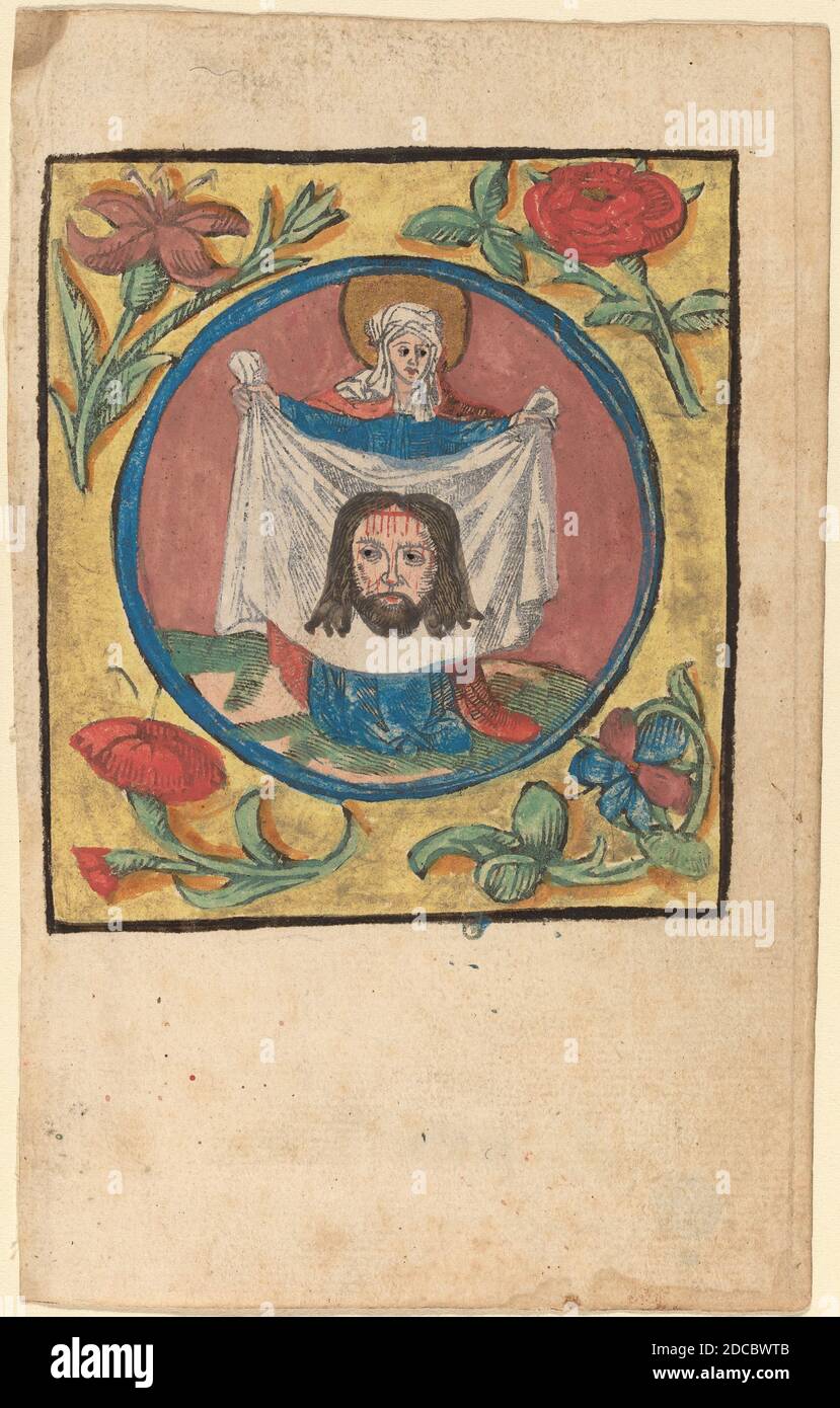 Netherlandish 15th Century, (artist), Saint Veronica with the Sudarium, c. 1500, woodcut, hand-colored in yellow, blue, red, green and gold on laid paper, image: 8.5 × 7.5 cm (3 3/8 × 2 15/16 in.), sheet: 14.1 × 8.7 cm (5 9/16 × 3 7/16 in Stock Photo