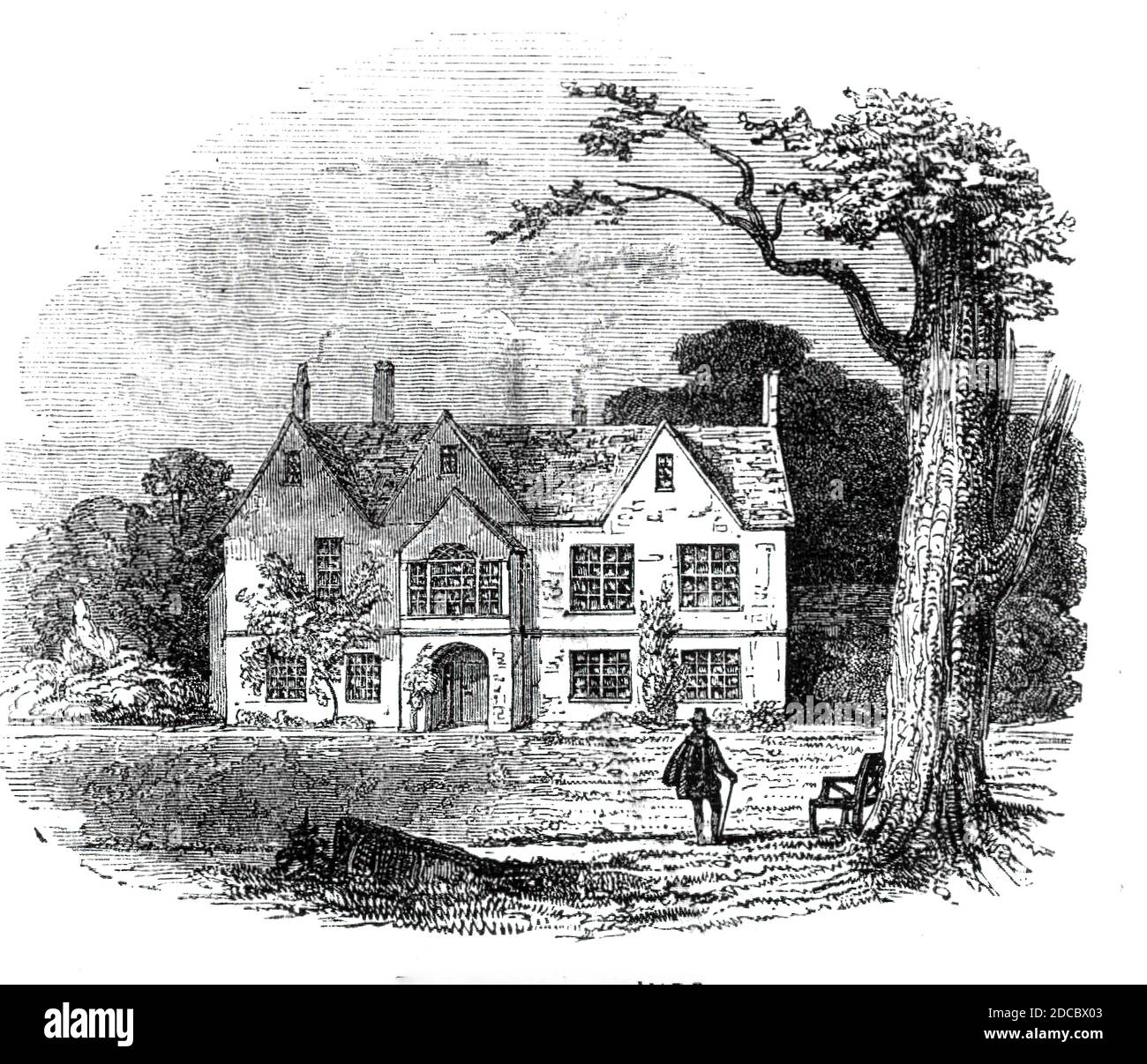 Raleigh's House, 1844. Sir Walter Raleigh's house at Youghal in Ireland. 'It presents the ordinary appearance of the comfortable manor-house of the Elizabethan era, though it was originally a collegiate establishment, consisting of a warden, fellows, and singing men, founded in the year 1464...In the year 1603, Sir Walter Raleigh came into possession of it, and afterwards sold his interest to Sir Richard Boyle, afterwards Earl of Cork. It is now the residence of Colonel Faunt, who has given it the name of Myrtle Grove, and with judgment and good taste has made any alterations or repairs subser Stock Photo