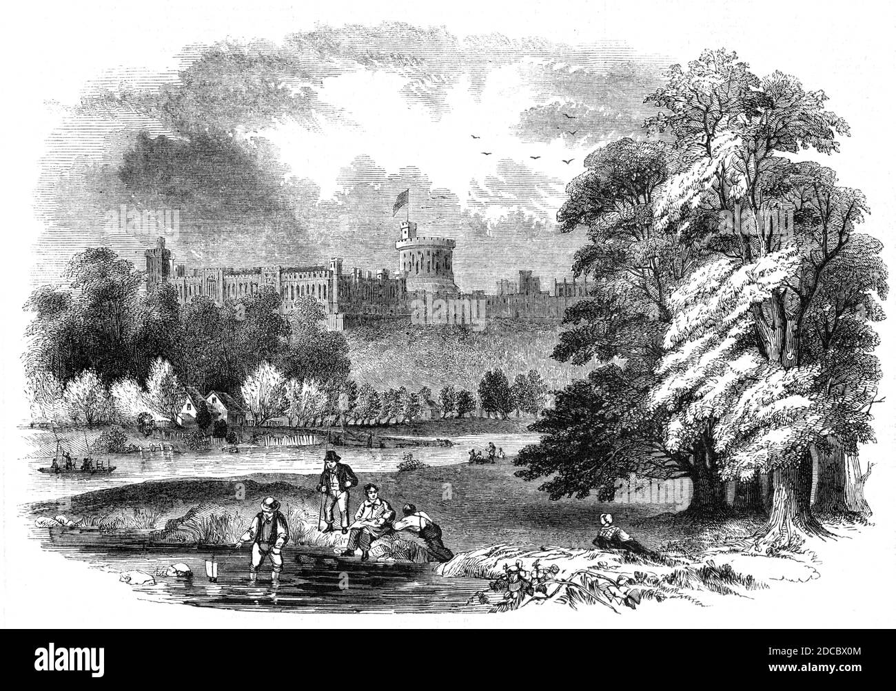 Windsor Castle from the river, 1844. Boys playing with toy boats near the royal residence at Windsor. From &quot;Pictorial Times&quot;, 1844. Stock Photo