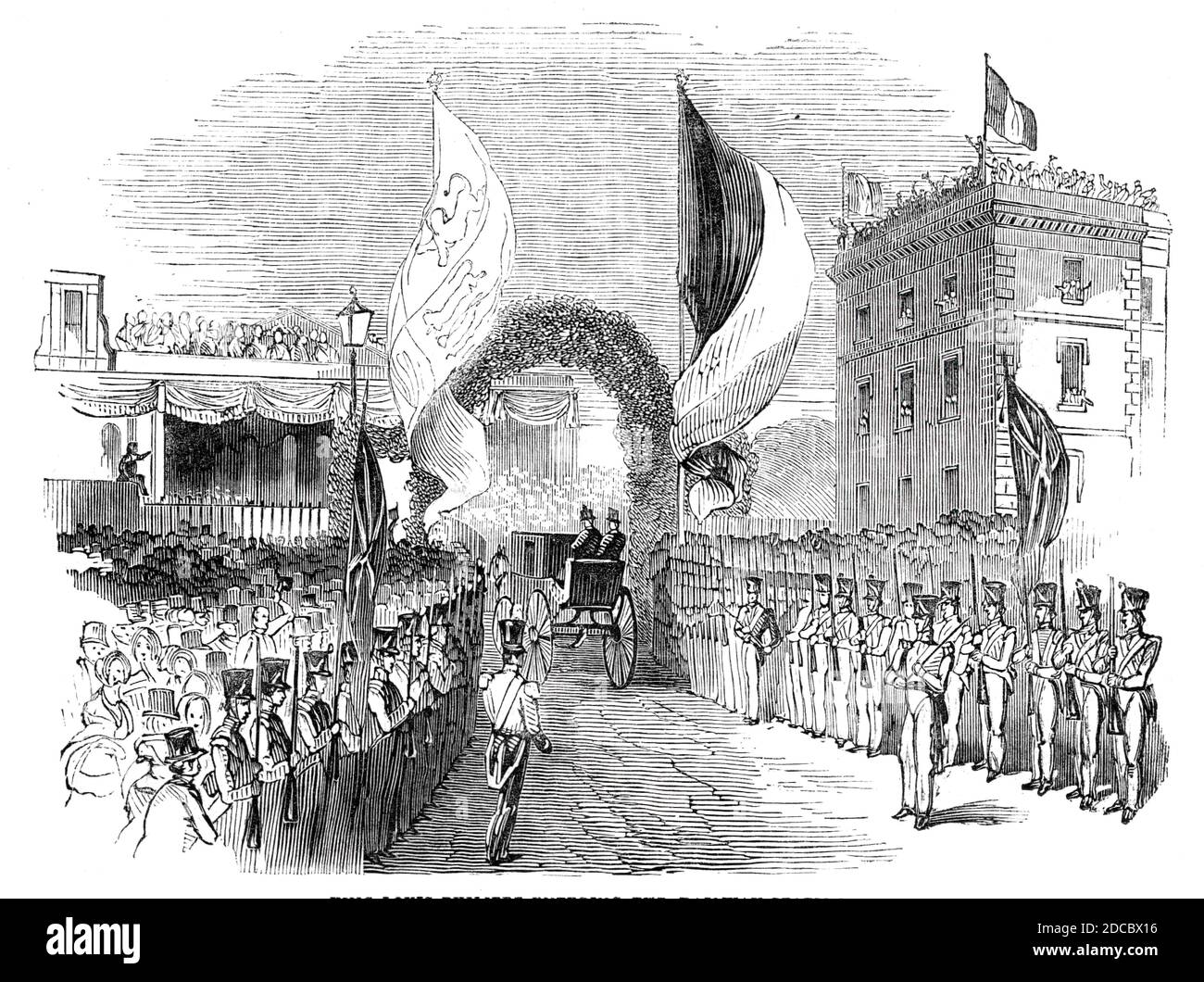 King Louis Philippe entering the railway station, 1844. Visit of the French king Louis Philippe to Britain: 'The train started from Gosport with the King, Prince Albert, and the distinguished personages who accompanied them, at eleven o'clock, and arrived at Farnborough station at half-past twelve o'clock, where carriages were in waiting, in which they immediately went off at a rapid pace towards Windsor [Castle]'. From &quot;Illustrated London News&quot;, 1844, Vol I. Stock Photo