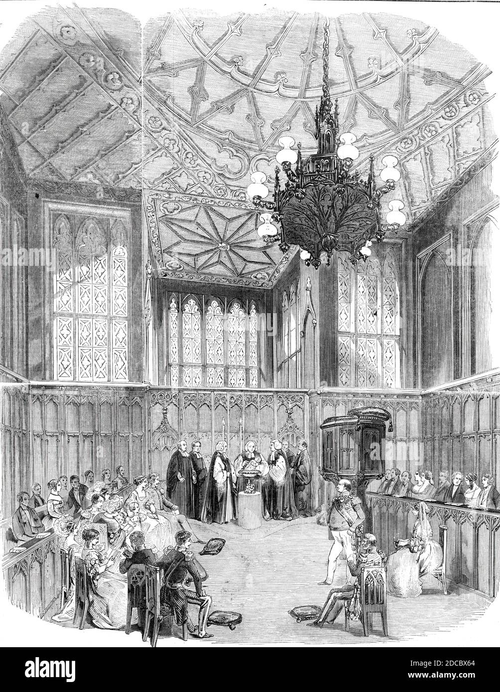Christening of Prince Alfred in the Private Chapel, Windsor Castle, 1844. Queen Victoria's son Alfred, Duke of Saxe-Coburg and Gotha, is baptised by William Howley, Archbishop of Canterbury. From &quot;Illustrated London News&quot;, 1844, Vol I. Stock Photo