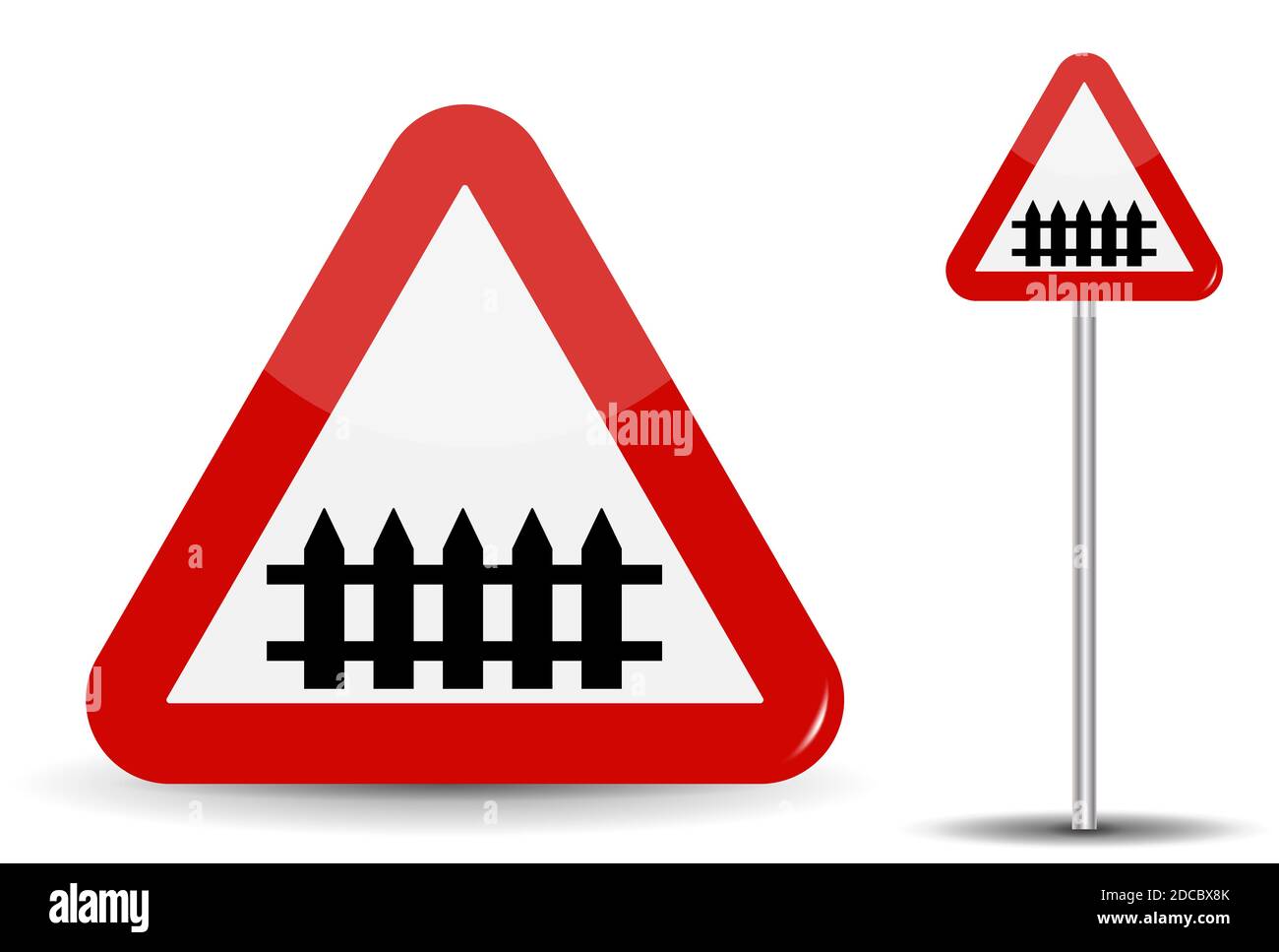 Road sign Warning railroad crossing. In Red Triangle, fence-barrier is schematically depicted. Illustration. Stock Photo