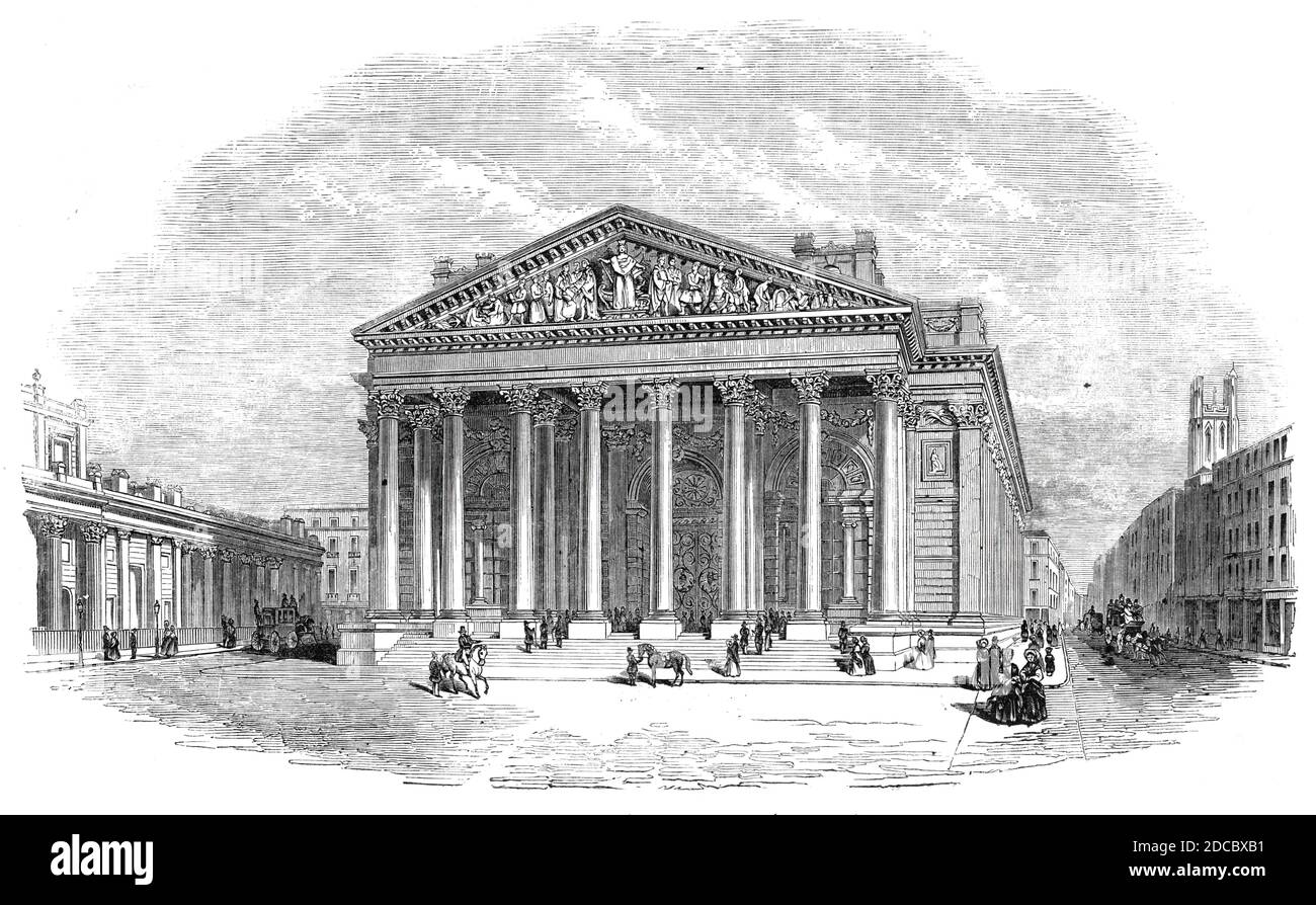 New Royal Exchange, (from the architect's drawing), 1844. View of the Royal Exchange building in London, designed by Sir William Tite. From &quot;Illustrated London News&quot;, 1844, Vol I. Stock Photo