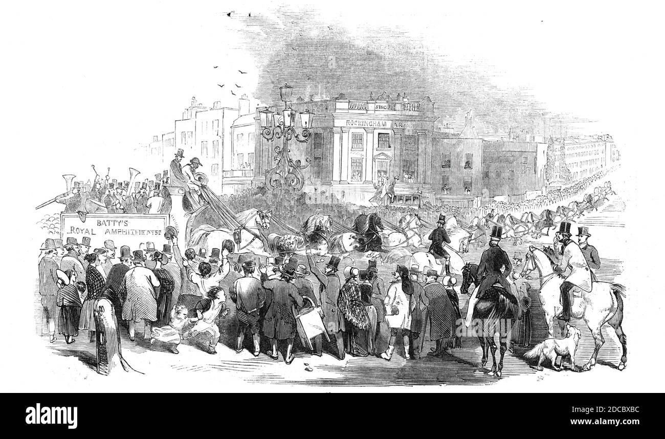Mr. Emidy driving 28 horses to Greenwich, 1844. 'Extraordinary Feat of Driving... Mr Emidy, &quot;master of the horse&quot; to Mr. Batty, the proprietor of &quot;Astley's Amphitheatre,&quot; undertook for a wager to drive 14 pair, or 28 horses, from Westminster-road to Greenwich and back, in the space ot two hours and a half. The novelty of the bet gathered crowds of spectators in the neighbourhood of the theatre, and throughout the line of road. Precisely at five minutes to one o'clock, two outriders, mounted on handsome piebald palfreys, started from the theatre. They were immediately follow Stock Photo