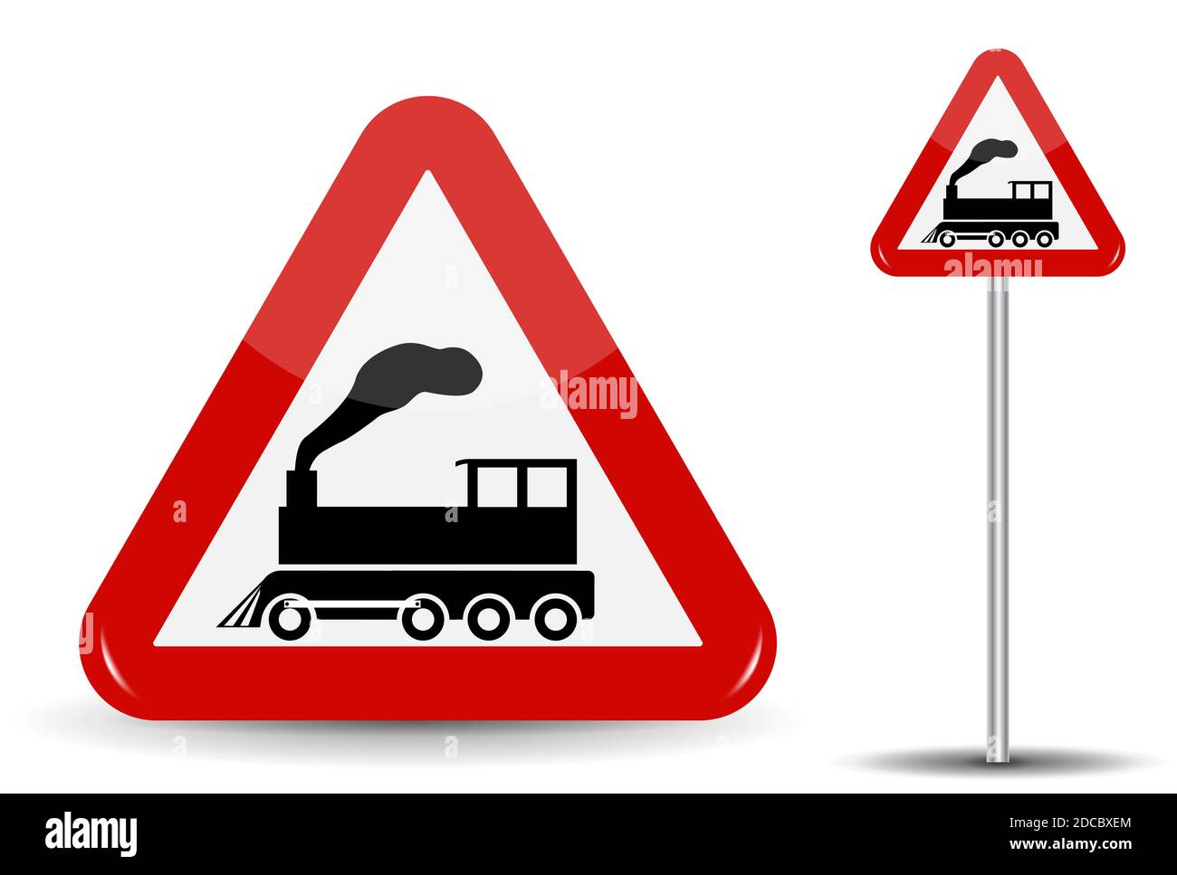 Road sign Warning Railway crossing without barrier. In Red Triangle is a schematic depiction of a steam locomotive in motion with smoke. Illustration. Stock Photo