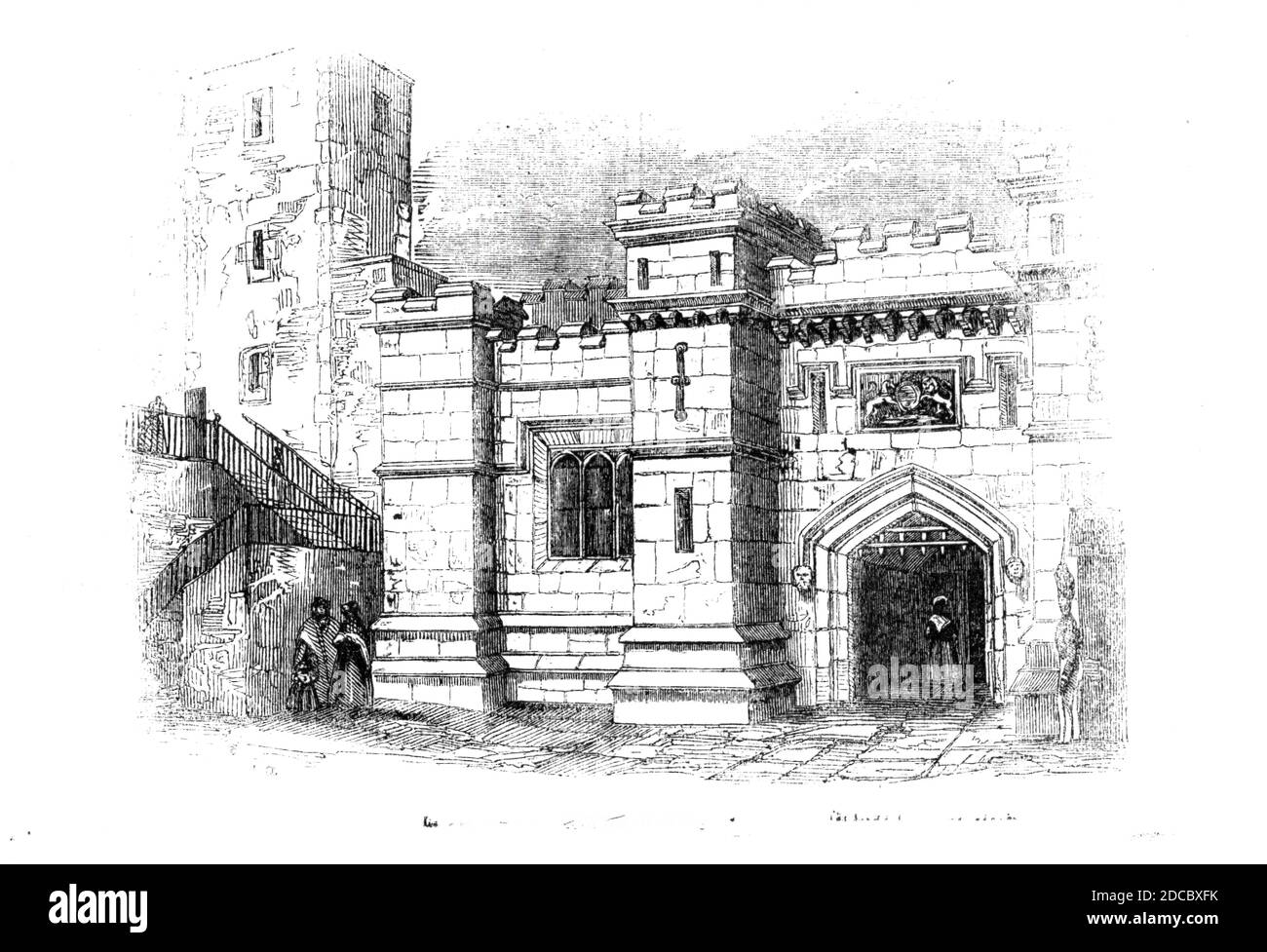 The Tower Gate, 1843. Entrance to one of the buildings within the Tower of London complex. From &quot;Illustrated London News&quot;, 1844, Vol I. Stock Photo