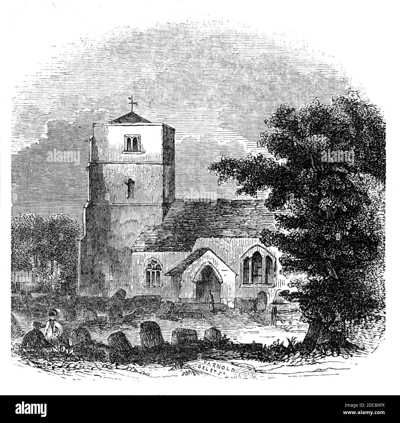 Beddington Church, 1844. View of the 14thcentury flint parish church of St Mary's in Beddington