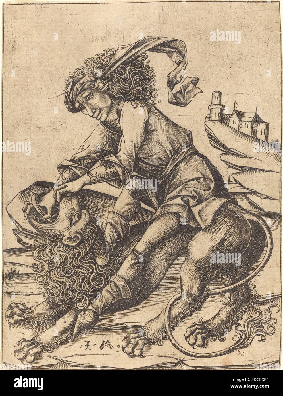 Israhel van Meckenem, (artist), German, c. 1445 - 1503, Samson and the Lion, c. 1475, engraving, sheet (trimmed to plate mark): 13.7 x 10.5 cm (5 3/8 x 4 1/8 in Stock Photo