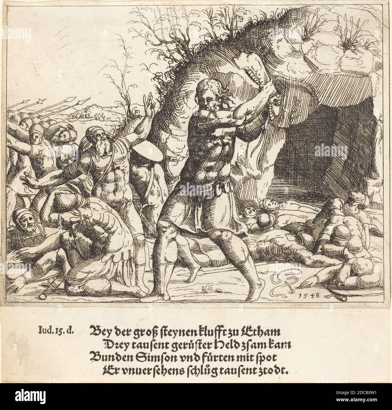 Augustin Hirschvogel, (artist), German, 1503 - 1553, Samson Slays the Philistines, Old and New Testaments Concordance, (series), 1548, etching Stock Photo