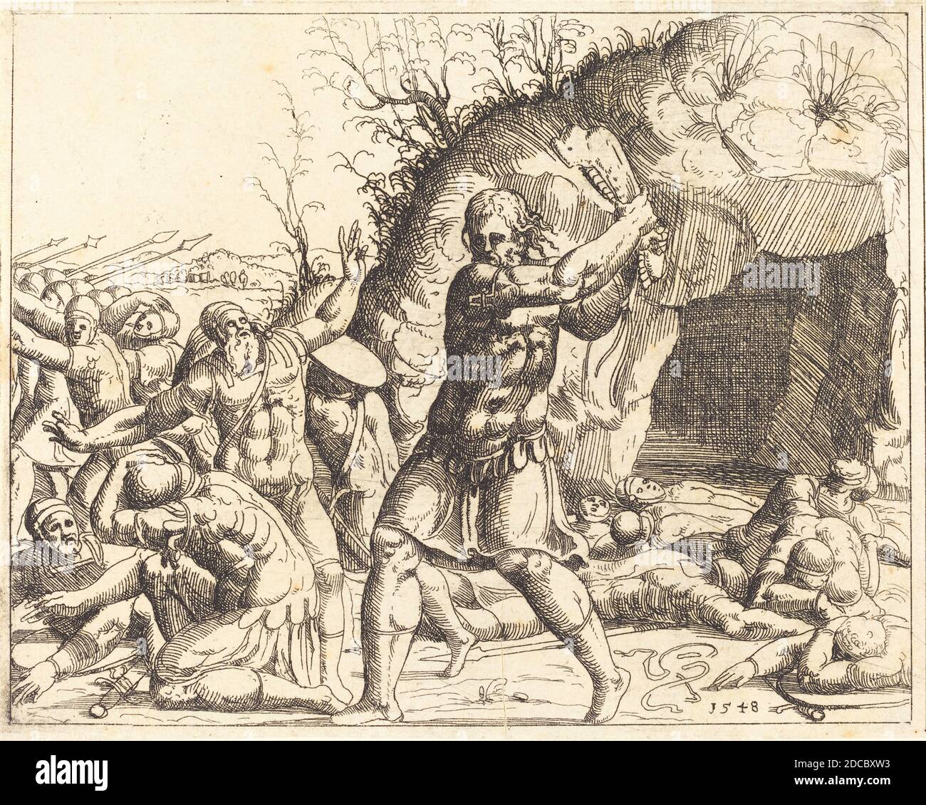 Augustin Hirschvogel, (artist), German, 1503 - 1553, Samson Slays the Philistines, Old and New Testaments Concordance, (series), etching Stock Photo