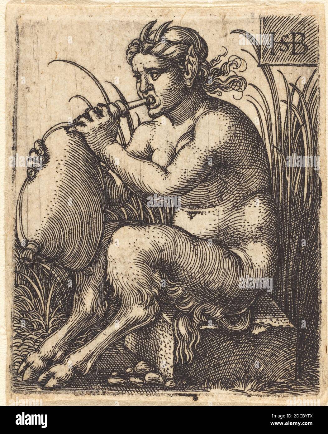 Sebald Beham, (artist), German, 1500 - 1550, Satyr Woman Playing Bagpipe, engraving Stock Photo